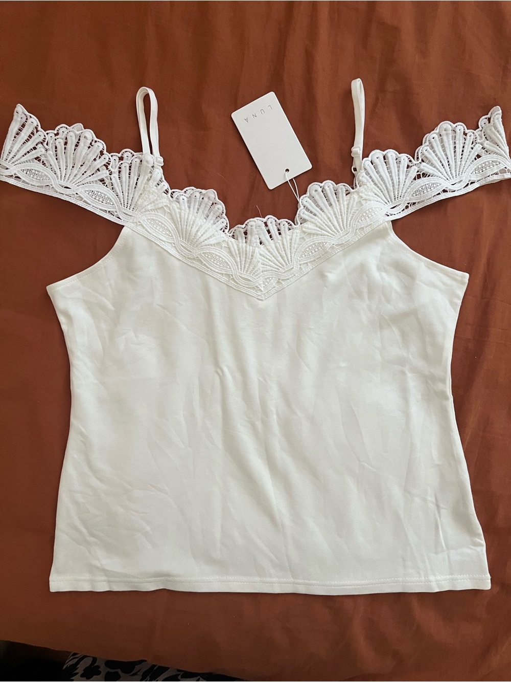 Luna NWT White Crochet Lace-Trim Spaghetti Off Shoulder Cami Top